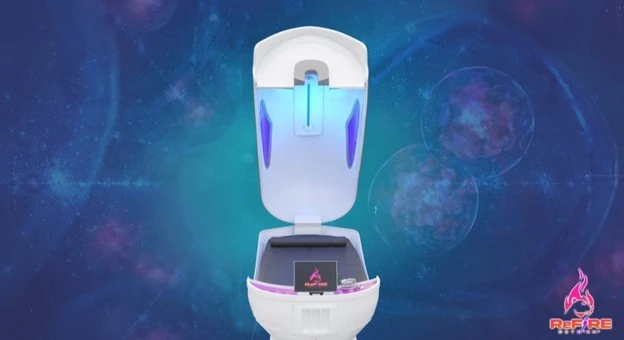 "Futuristic white wellness pod with its lid open, illuminated with blue and purple lighting. A digital control interface is built into the front. The background is a cosmic space theme with floating cell-like structures and the ReFire logo in the bottom right corner."