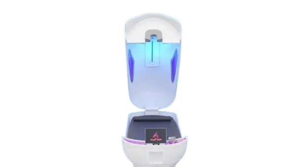 "White wellness therapy pod with an open lid, glowing blue and purple lights inside. A touchscreen interface is mounted at the front of the unit, which features a modern, capsule-like design."