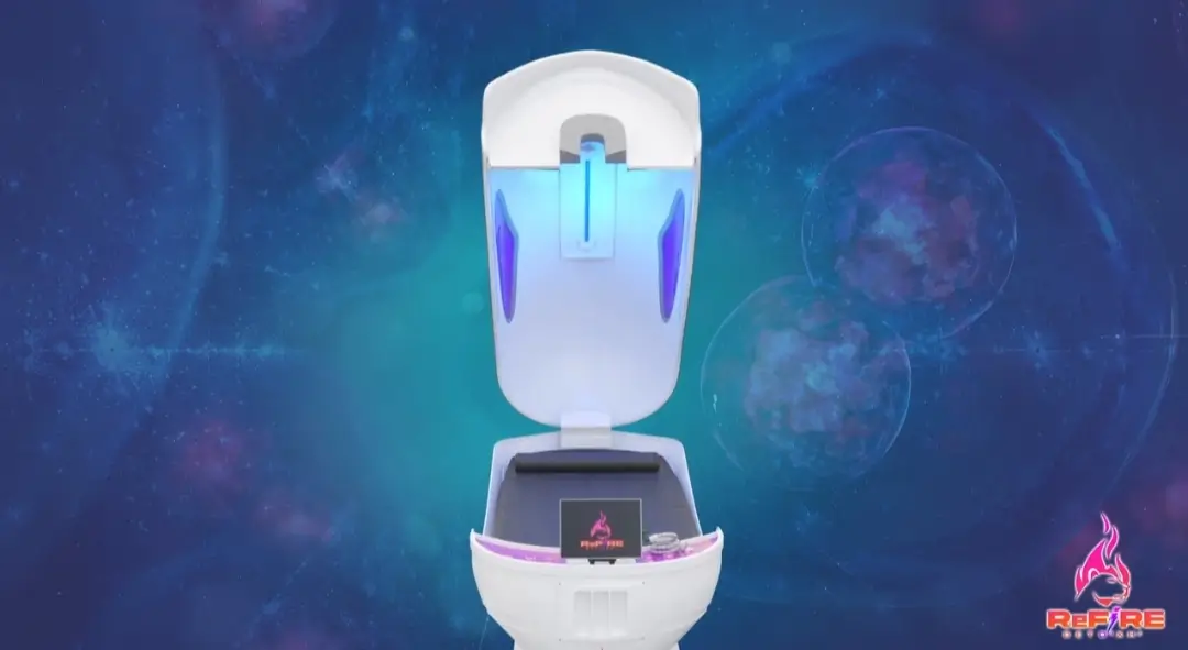 Futuristic wellness or fitness pod with an open lid, glowing blue and purple lights inside, and a digital interface displaying the "ReFire" logo against a cosmic-themed background.