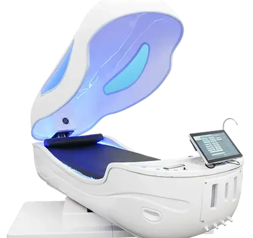 "A modern, high-tech wellness or therapy pod with a sleek white design, glowing blue interior lights, and an attached digital control screen."