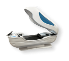 A white and blue massage chair on a black background.