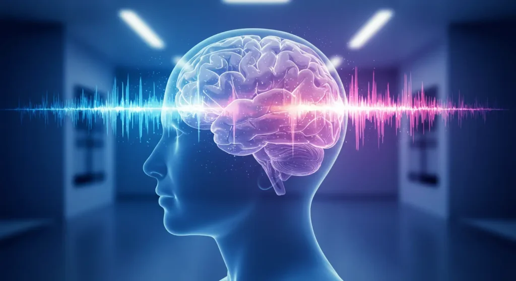 A futuristic and calming medical research setting showing a human head in profile with glowing, colorful brain waves (EEG patterns) emanating outward. The brain is semi-transparent with visible neural path