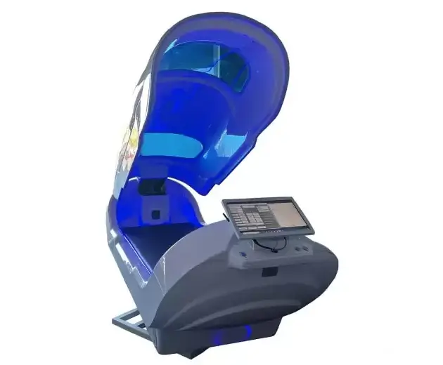 A modern gray wellness therapy pod with an open canopy, illuminated by blue interior lights and featuring a touchscreen control panel in front.