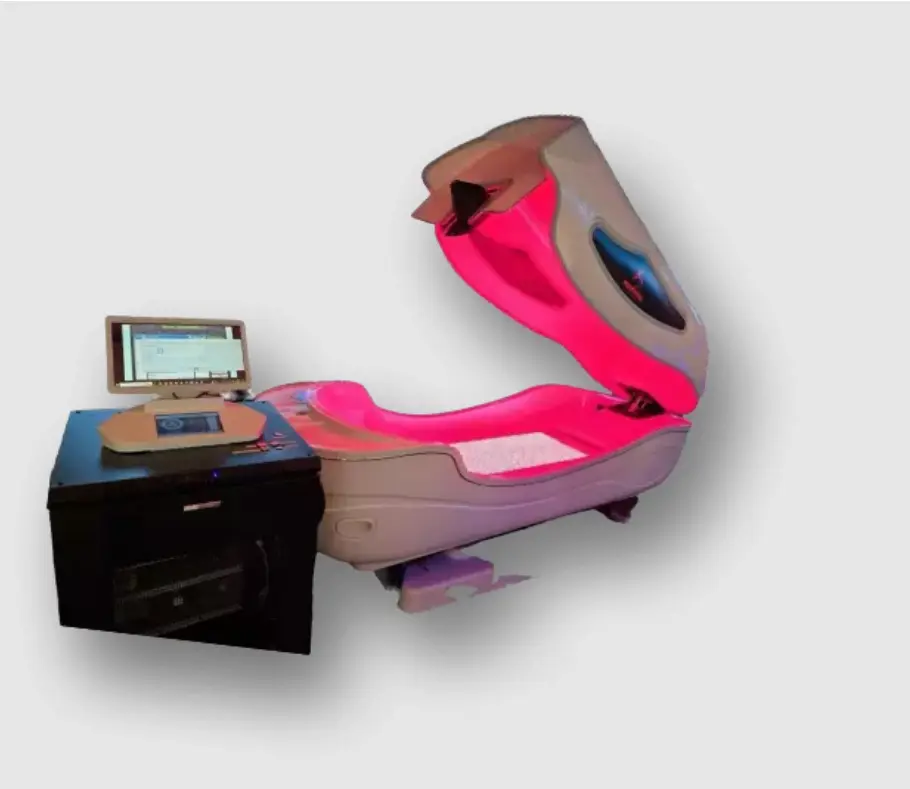 "Advanced wellness pod with a reclining design, illuminated by pink interior lighting. A touchscreen control station sits beside the pod on a black cabinet, suggesting programmable therapy settings."